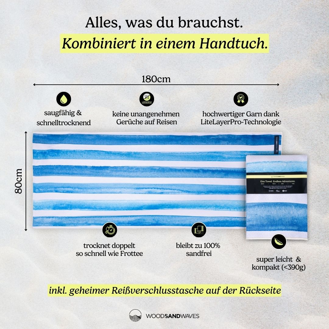 Aqua Stripes - Zandbestendig strandlaken met geheim vak (180 cm x 80 cm)