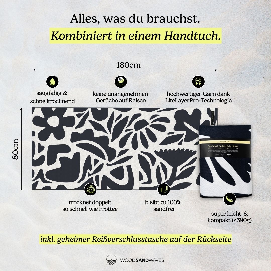 Midnight Florals - Sandabweisendes Strandtuch mit Geheimfach (180cm x 80cm) - WOODSANDWAVES
