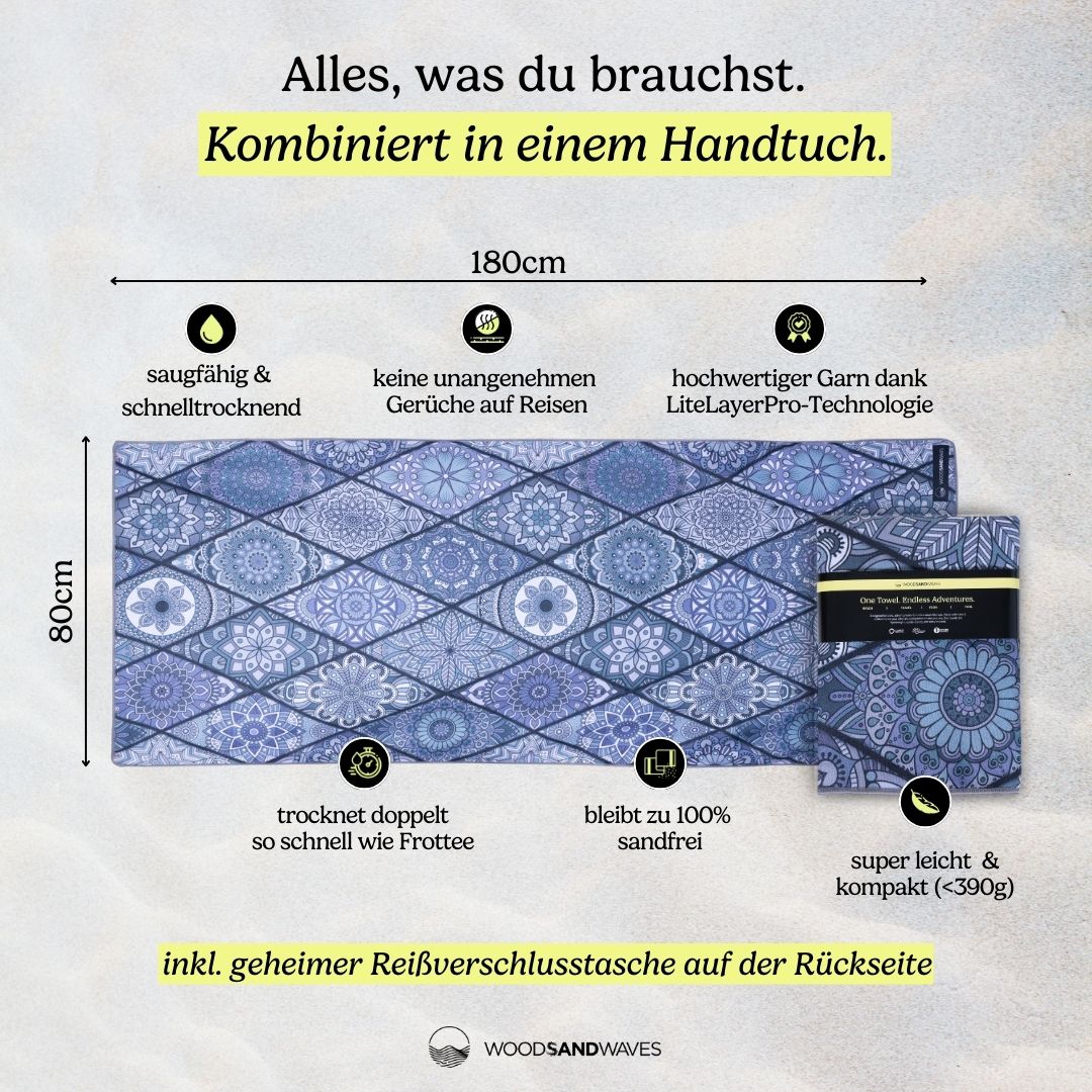 Mosaics Noir - Sandabweisendes Strandtuch mit Geheimfach (180cm x 80cm) - WOODSANDWAVES