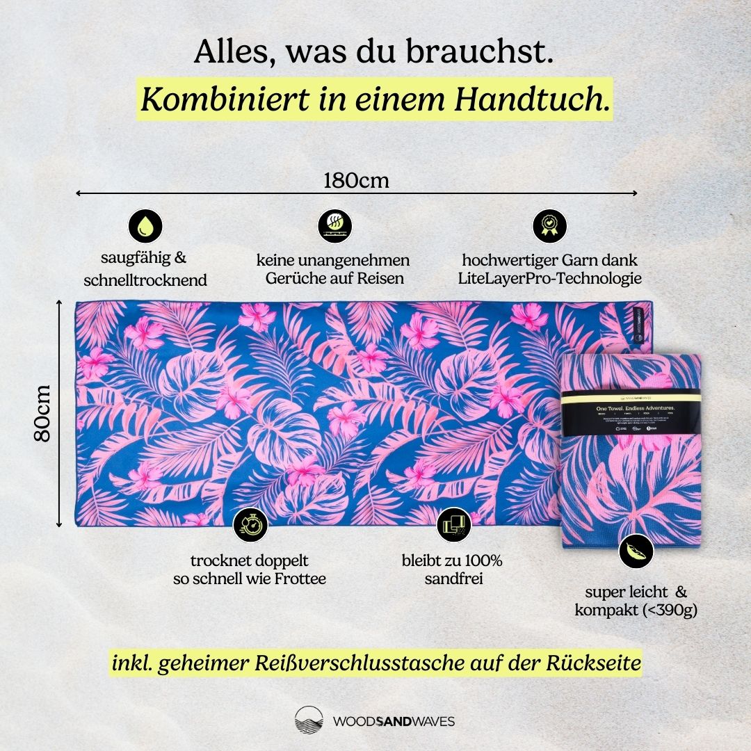 Tropical Garden - Sandabweisendes Strandtuch mit Geheimfach (180cm x 80cm) - WOODSANDWAVES