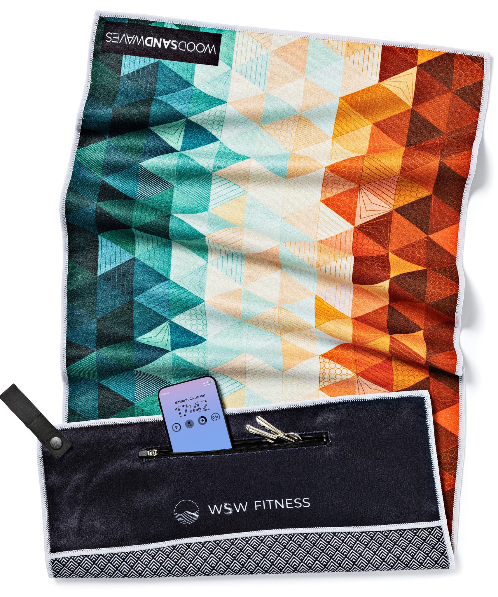 Kaleidoscope Orange - Sporthandtuch mit Magnet & Zipper-Tasche - WOODSANDWAVES